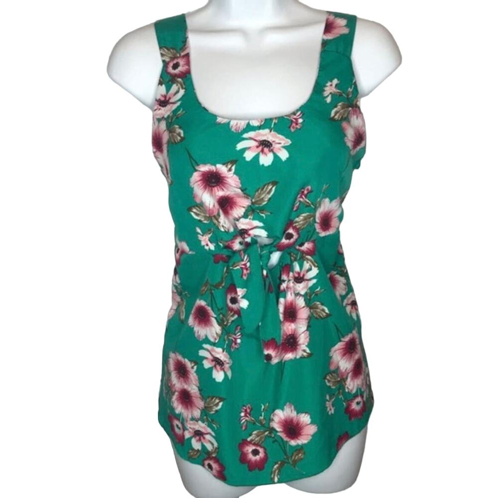 Harlow & Rose Green & Pink Floral Front Tie Sleeveless Blouse Size Small NWT